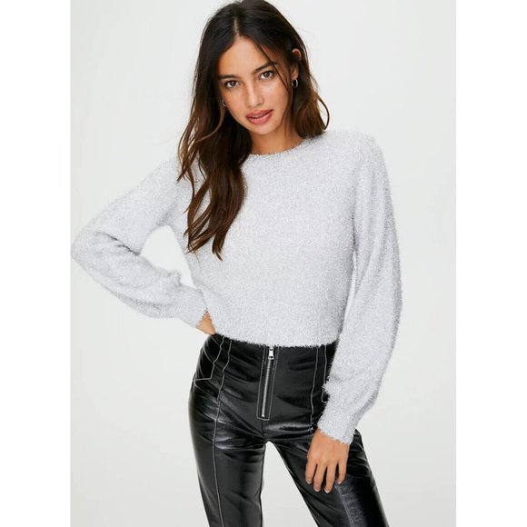 Aritzia SUNDAY BEST Kitten Chartreuse Yellow Fuzzy Knit Cropped Sweater, Size M - Picture 9 of 13